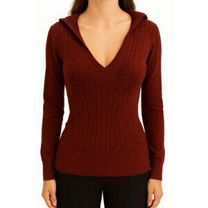 Vintage Y2K Red Cable Knit Hooded V-Neck Sweater Top with Pockets Preppy Sz S